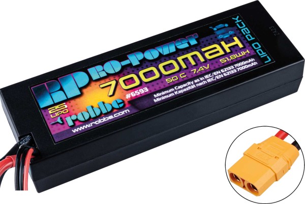 Ro-Power Car LiPo Akku 7000 mAh 7,4 V 50C Hardcase mit XT-90 und T-Stecker Adapter
