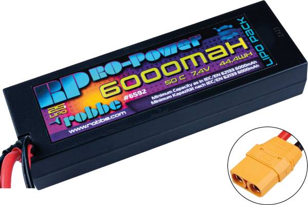 Ro-Power Car LiPo Akku 6000 mAh 7,4 V 50C Hardcase mit XT-90 und T-Stecker Adapter